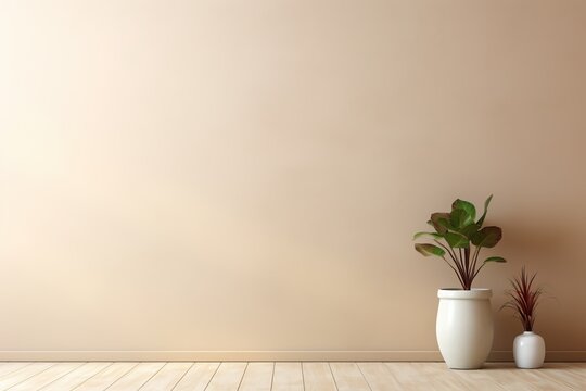 Beautiful house plant in the pot on wooden floor set beside the wall with sunbeam and shadow on biege empty wall. Background, mockup backdrop. Green houseplant decoration. Products overlay