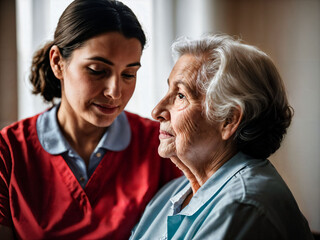 Fototapeta na wymiar photo of woman take care senior woman at home, generative AI