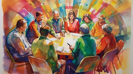 A Watercolor Painting of a Diverse Group of People Sitting in a Circle - obrazy, fototapety, plakaty