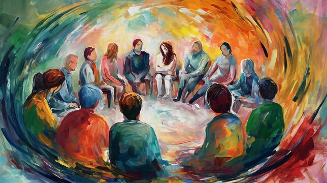 A Watercolor Painting of a Diverse Group of People Sitting in a Circle