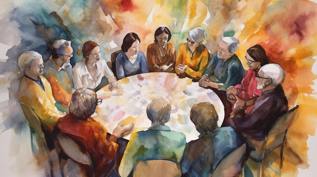 A Watercolor Painting Of A Diverse Group Of People Sitting In A Circle