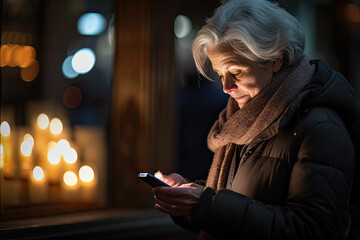 Worried old lady with gray hair using mobile smartphone in the city at night. Old tired mature woman using app, write message, looking to contact list, waiting or receiving cell phone call