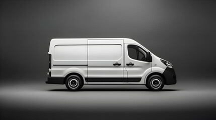Clean blank white delivery van isolated on empty background, side view of plain car cargo carrier with large space for design, transportation logistics mockup. Generative AI
