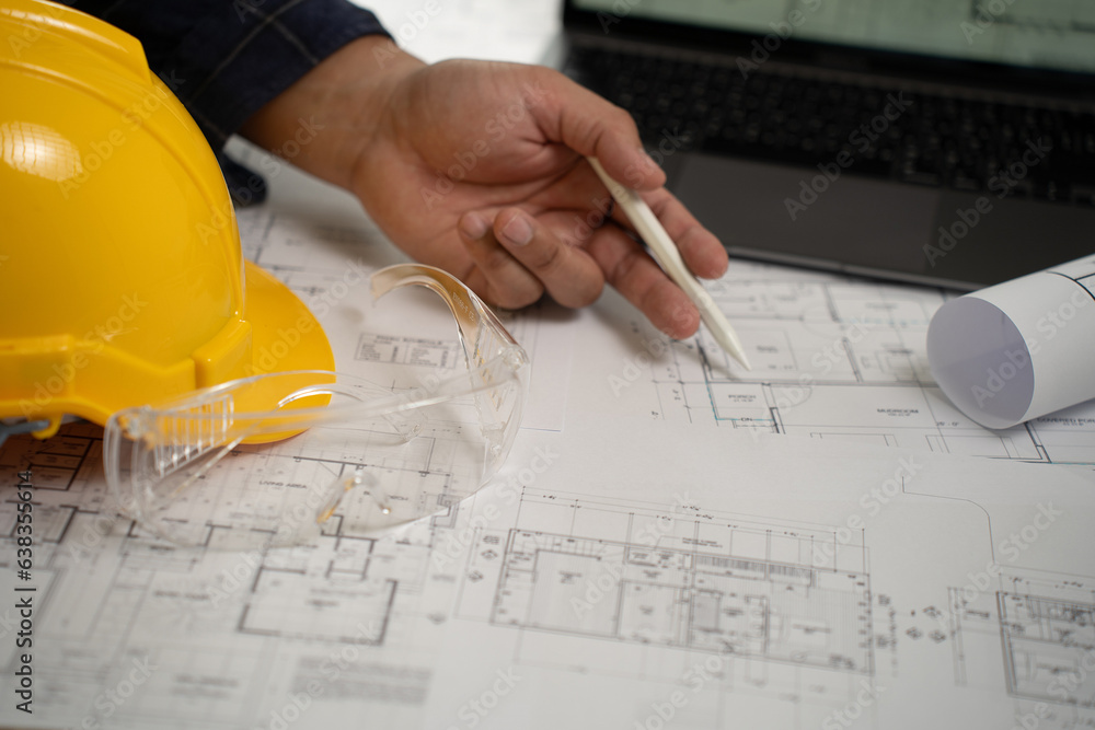 Poster man, architect, and engineer work discussing tools and construction concepts on a building site with