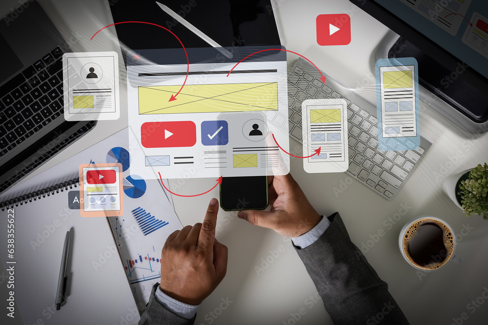 Aufkleber digital marketing businessman hand working with computer ui designer brainstorming social network, s