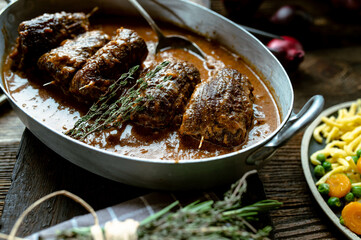 Rustic meat dish with german beef roulades with delicious gravy