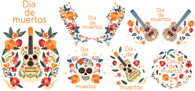 Dia de los Muertos, Day of the Dead celebration in Mexico with, featuring skulls, hat, guitar, and blooms. Vector design for posters, banners, and cards. Vector.