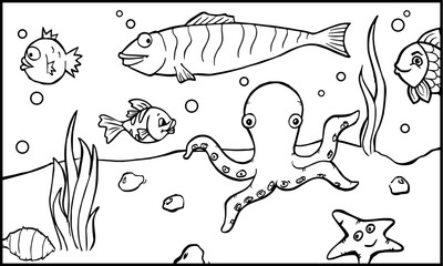 ocean scene coloring pages with cute cartoon fishes