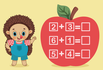 Counting game for preschool children with cute hedgehog character math symbols and numbers illustration.