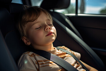 Child sleeping in car seat inside the car. Kid is left alone in car on a hot summer day. Negligence, irresponsibility, overheating concept