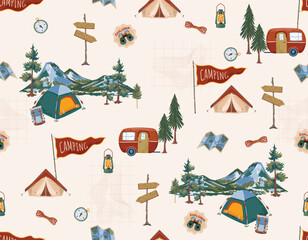 Happy Camper  in forest. with animal and Equipment Weekend, vacation on nature. Seamless pattern Vector illustration - 638356497