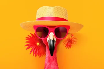 Keuken spatwand met foto flamingo in sunglasses, concept of summertime. Generative Ai © Alexandra