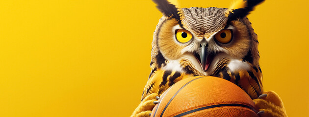 owl holding basketball ball over yellow background, panoramic layout. Generative Ai