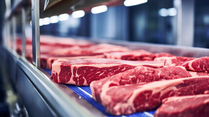 Fresh Raw Pork Chops in Meat Factory. Raw meat cuts on a industrial conveyor belt. Meat processing in food industry.