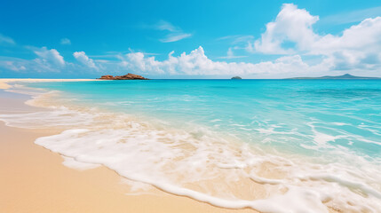 Fototapeta na wymiar Tropical island with palm trees, sea and blue sky background