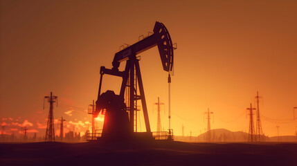 Crude oil pumpjack rig on desert silhouette in evening sunset, energy industrial machine for petroleum gas production. Generative AI - obrazy, fototapety, plakaty