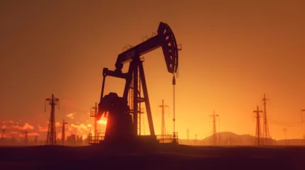 Fotobehang Crude oil pumpjack rig on desert silhouette in evening sunset, energy industrial machine for petroleum gas production. Generative AI © mfz