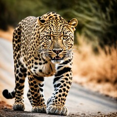 photo of big leopard running in the forest, generative AI