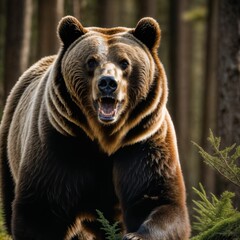 Fototapeta premium photo of big angry grizzly bear running in the jungle, generative AI