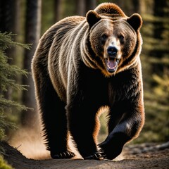 Fototapeta premium photo of big angry grizzly bear running in the jungle, generative AI