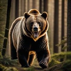 photo of big angry grizzly bear running in the jungle, generative AI