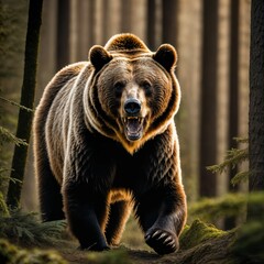 Fototapeta premium photo of big angry grizzly bear running in the jungle, generative AI