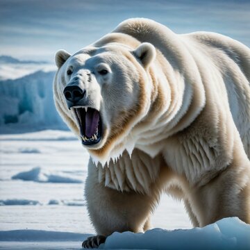 photo of big angry polar bear running in the snow, generative AI