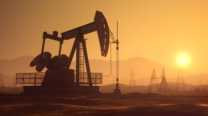 Crude oil pumpjack rig on desert silhouette in evening sunset, energy industrial machine for petroleum gas production background. Generative AI - obrazy, fototapety, plakaty