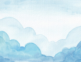 Blue cloud watercolor background. Soft aquarelle blue color template. Hand drawn cloudy sky painting.