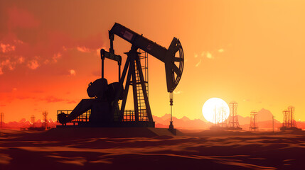Crude oil pumpjack rig on desert silhouette in evening sunset, energy industrial machine for petroleum gas production background. Generative AI - obrazy, fototapety, plakaty