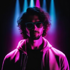 Obraz premium photo of handsome man with with mixed pink and blue neon light, generative AI