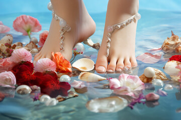 Pedicured woman's feet standing in the water, decorated with shells, pearls and flowers. Photorealistic AI generated.
