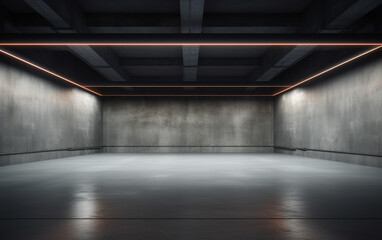 Industrial design project empty hall with led lights on top, grey walls and glossy concrete floor. 3D rendering