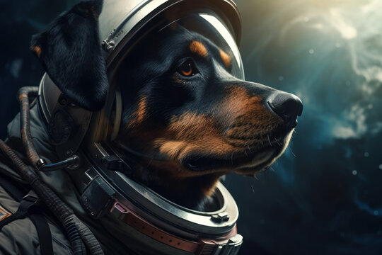Adorable cosmonaut dog wears space suit and helmet, ready for a universe exploration. Fantasy concept brought to life by AI Generative enchantment.