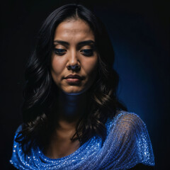 photo of beautiful woman with blue light on black background, generative AI