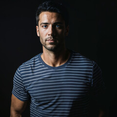 Fototapeta premium photo of handsome man with blue light on black background, generative AI