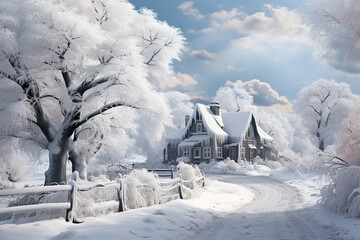 A beautiful winter postcard of a fairy tale landscape, snow, inspired by Russian fairy tales