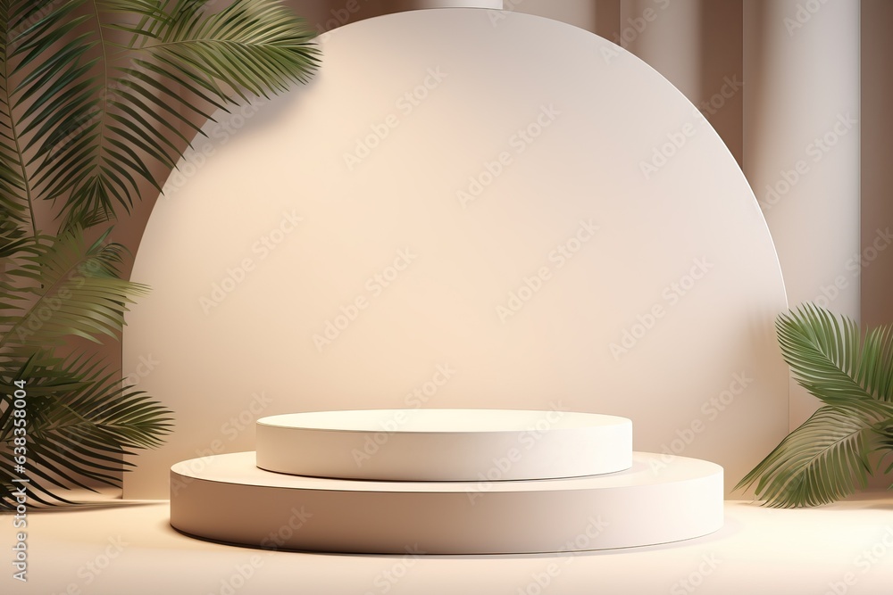 Poster abstract empty biege podium with shadows on light brown background with tropical leaves. stage for p