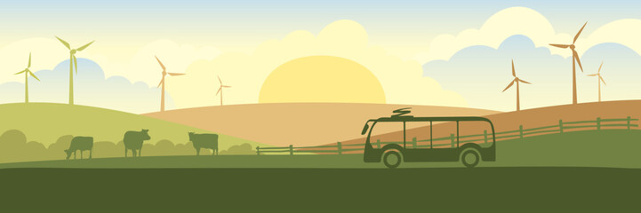 Abstract rural landscape with cows, wind generator and electric bus. Vector illustration on the theme of ecological types of energy.