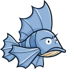 Funny blue ugly fish cartoon illustration