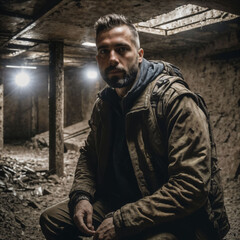 Obraz premium survivor people at apocalypse world in underground basement bunker , generative AI