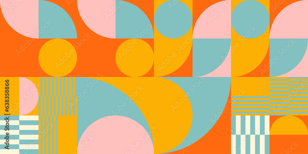 Fototapete Retro geometric aesthetics. Bauhaus and avant-garde inspired vector background with abstract simple shapes like circle, square, semi circle. Colorful pattern in nostalgic pastel colors.