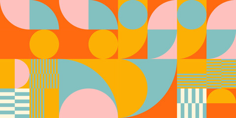 Retro geometric aesthetics. Bauhaus and avant-garde inspired vector background with abstract simple shapes like circle, square, semi circle. Colorful pattern in nostalgic pastel colors.