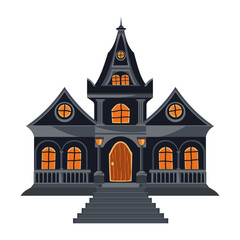 Fototapeta premium Halloween gloomy gray house with stairs, orange windows and a door. Gothic architecture in flat style. Cartoon haunted house. Vector illustration.