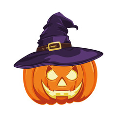 Halloween pumpkin  jack o lantern with witch hat in cartoon style. Design element for Halloween, Thanksgiving, harvest festival. Diet vegetable. Vector illustration.