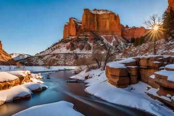 red rock buttes and the historic swinging bridge on a sunny winter day in san rafael river canyon along the buckhorn draw scenic backway in the northern san rafael swell near green river, utah. - obrazy, fototapety, plakaty
