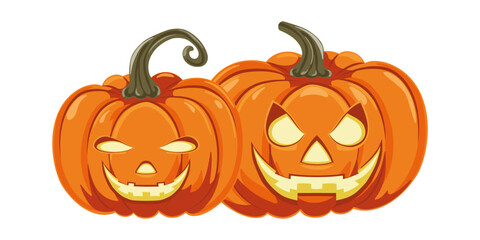 Two jack o lantern pumpkins with faces on them. Halloween pumpkin. Design element for Halloween, Thanksgiving, harvest festival. Diet vegetable. Vector illustration.