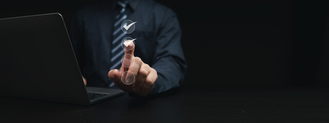 Person with hologram checklist, businessman check item information, businessman check checkbox,...