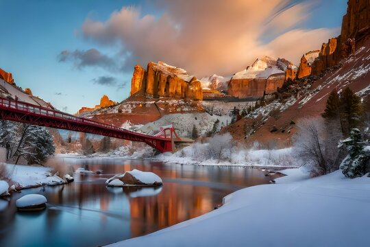 red rock buttes and the historic swinging bridge on a sunny winter day in san rafael river canyon along the buckhorn draw scenic backway in the northern san rafael swell near green river, utah.