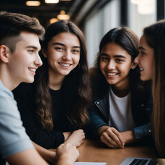 Fototapeta premium group of happy young teenage at the working office space, generative AI